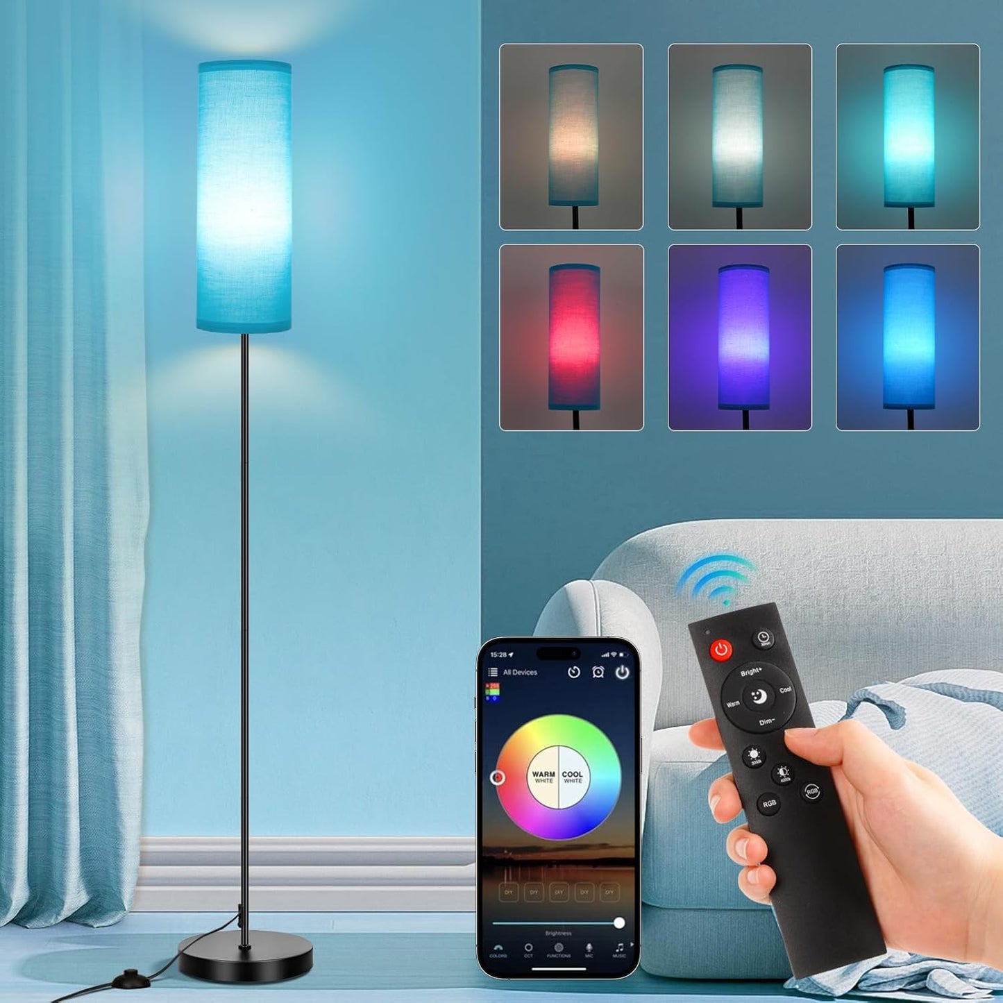 FRIDEKO HOME Floor Lamp for Bedroom, Tall Standing Lamps for Living Room, Modern Corner Floor Lamps for Living Room, 3CCT&Brightness Dimmable, 800 LM, RGB Smart Bulb, Foot Switch, Turquoise Lampshade