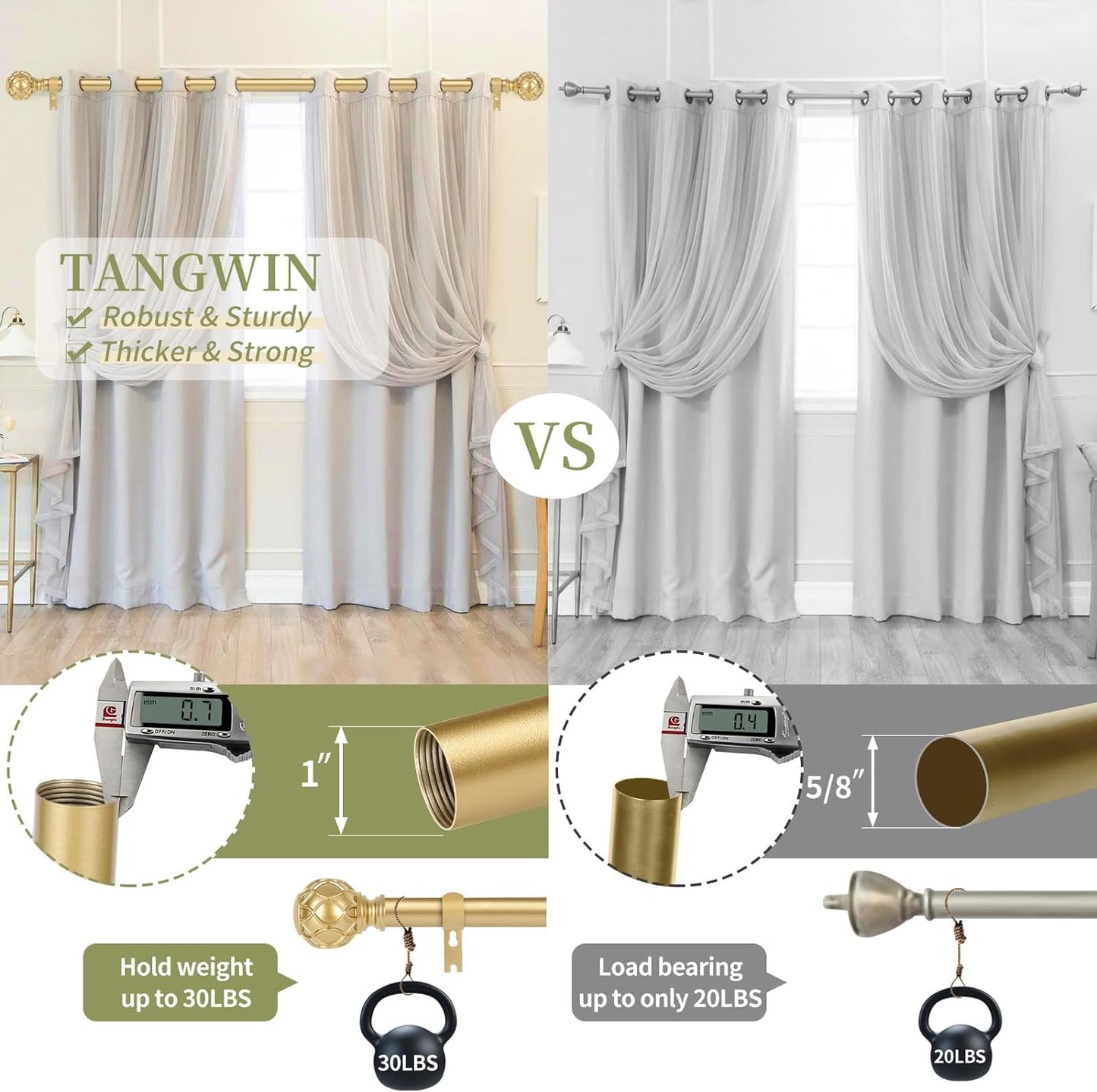 Gold Adjustable Curtain Rods for Windows:Farmhouse Heavy Duty Curtain Rod for Bedroom Living Room,Boho Decorative Rustic Drapery Rod with Vintage Coastal Texture Finial,Brass Gold 2Pack 18-45"