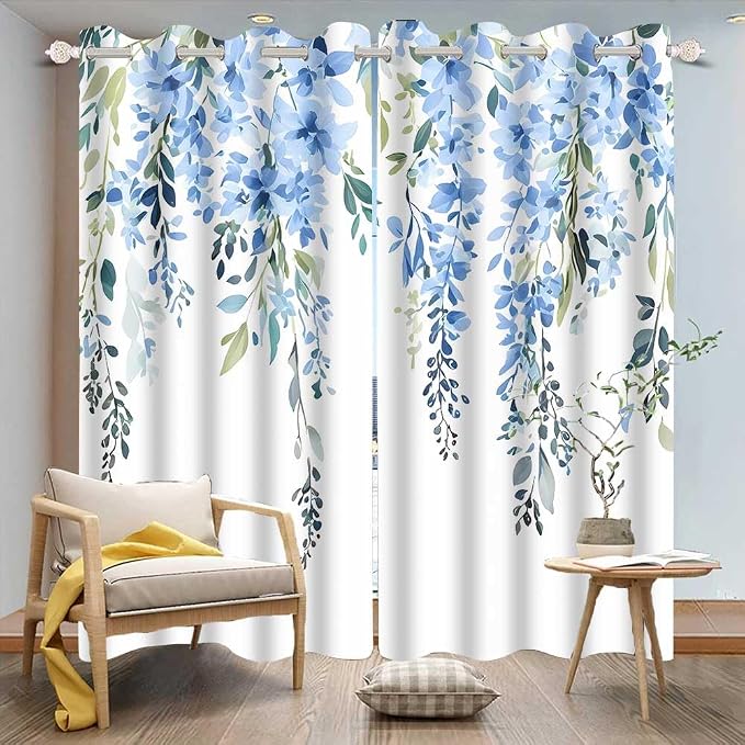 Blue Watercolor Floral Curtains, 52x84 inch, 2 Panels | Botanical Leaves Vine Flowers, Rustic Farmhouse, Blackout Window Treatment, For Bedroom Living Room