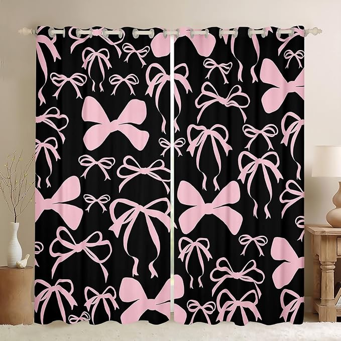 Feelyou Room Darkening Bow Blackout Curtains (2 Panels, 38 x 54 Inch) - Black Pink for Girls Bedroom Living Room, Cute Kawaii Bowknot Window Treatments