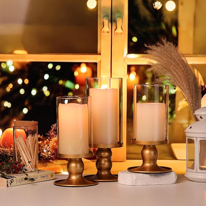 NITIME 4Pcs Hurricane Candle Holder for Pillar Candles, Gold Candle Holders with Clear Glass Sleeve for Table Centerpieces,Pillar Candle Holders for Home Decor, Wedding, Holiday and Party Decor