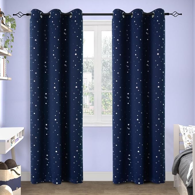 BGment Kids Blackout Curtains for Bedroom - Grommet Thermal Insulated Silver Star Print Room Darkening Curtains for Kids Room, Set of 2 Panels, 38 x 84 Inch, Navy Blue