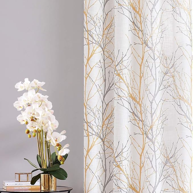 FMFUNCTEX Linen Semi Sheer Curtains for Bedroom, Yellow White Curtains 45 Inches Long for Living Room, Grey Tree Branch Print Curtain Light Filtering Kitchen Window Drapes, Grommet Top 2 Panels