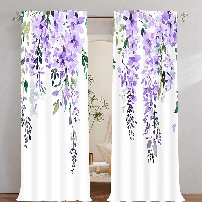 Purple Watercolor Floral Curtains, Botanical Leaves Vine Flowers Curtain, Rustic Farmhouse Flower Leaf Blackout Window Treatment Drapes for Bedroom Living Room 52x90 inch, 2 Panels