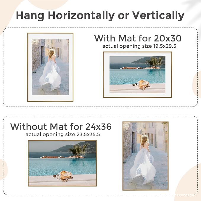 24x36 Metal Picture Frame For Wall With Mat For 20x30, 24''x36'' Aluminum Photo Frames With Tempered Glass For Home Decor, Minimalist Modern Poster Frame Horizontal And Vertical Formats, Bronze