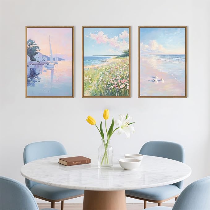 Pink Beach Dreamy Coastal Framed Canvas Wall Art Set,Watercolor Colorful Floral Sailboat Seascape Wall Decor,Soft Preppy Pastel Wildflower Artwork for Living Room,Farmhouse- 16"x24"x3