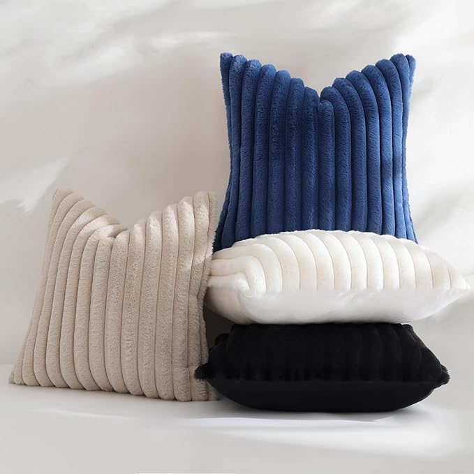 decorUhome Fall Faux Fur Throw Pillow Covers 16x16 Set of 2 Decorative Soft Plush Striped Coastal Coastal Modern Farmhouse Boho Couch Pillow Cases with Velvet Back for Sofa Bed Living Room, Blue