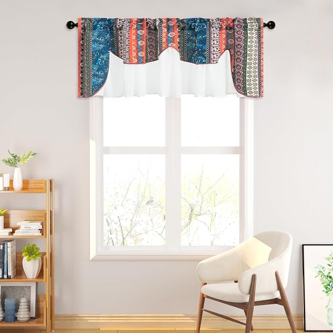 VOGOL Boho Semi Blackout Layered Kitchen Valances, Colorful Striped Print with Sheer Overlay, 1 Panel Rod Pocket Valance for Farmhouse, 52 x 18 Inches