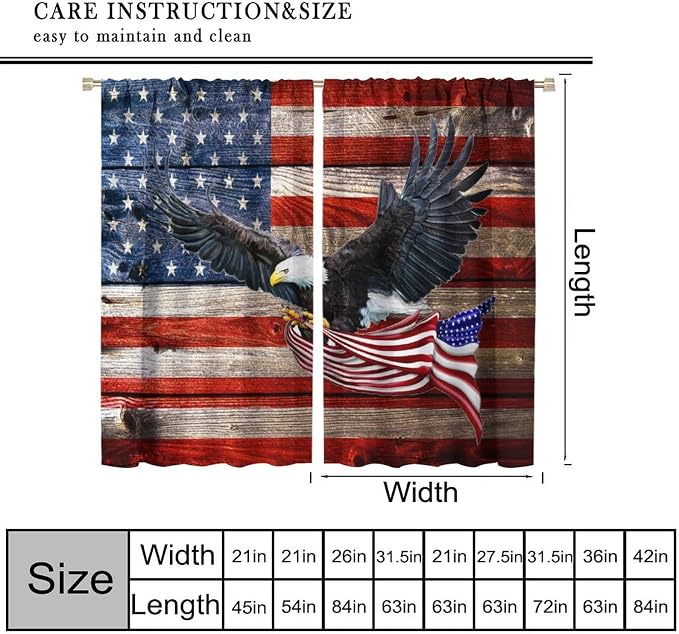 American Flag Curtains, Rustic 4th of July Independence Day Bald Eagle USA Stars Drapes for Bedroom Living Room Kitchen Window Treatment 2 Panels Set Total Size 42" W X 45" L Inch