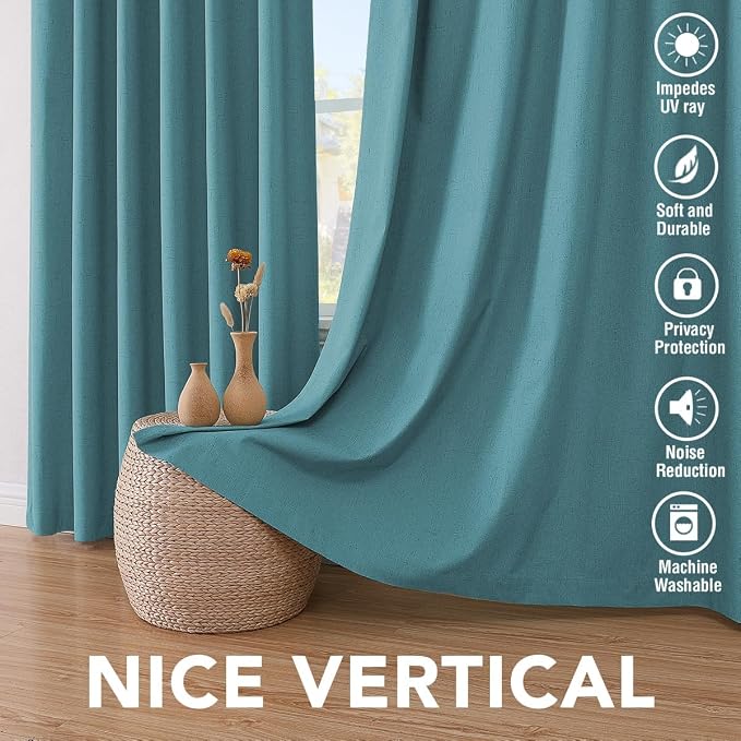 H.VERSAILTEX Linen Curtains 100% Blackout Curtains for Bedroom 90 inch Long Full Light Blocking Nature Linen Blended Window Curtains for Living Room Nickel Grommet (2 Panels, Teal)