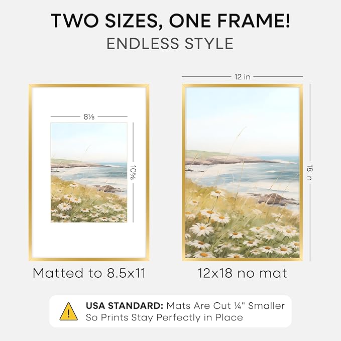 Homeforia 12x18 Picture Frame Gold, High End Metal 12x18 Poster Frames with Mat 8.5x11 Photo, 12 x 18 Gold Frame Matted to 8.5 by 11 Print, 18x12 Thin Hanging Frame, Tempered Glass, Wall Kit, Set of 3