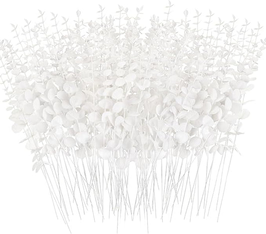 Canlierr 50 Pcs Eucalyptus Stems Faux Greenery Artificial Eucalyptus Leaves Decor Greenery Stems Branch for Wedding Centerpiece Flower Bouquet Farmhouse Home (White)