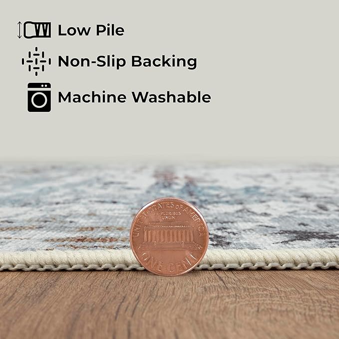 GLN Rugs Contemporary Collection - Machine Washable Area Rug, Contemporary Washable, Non Slip, Low Pile Chenille Rug, Living Room, Bedroom, Kitchen Rug (8' x 10' White/Grey/Blue/Brown)