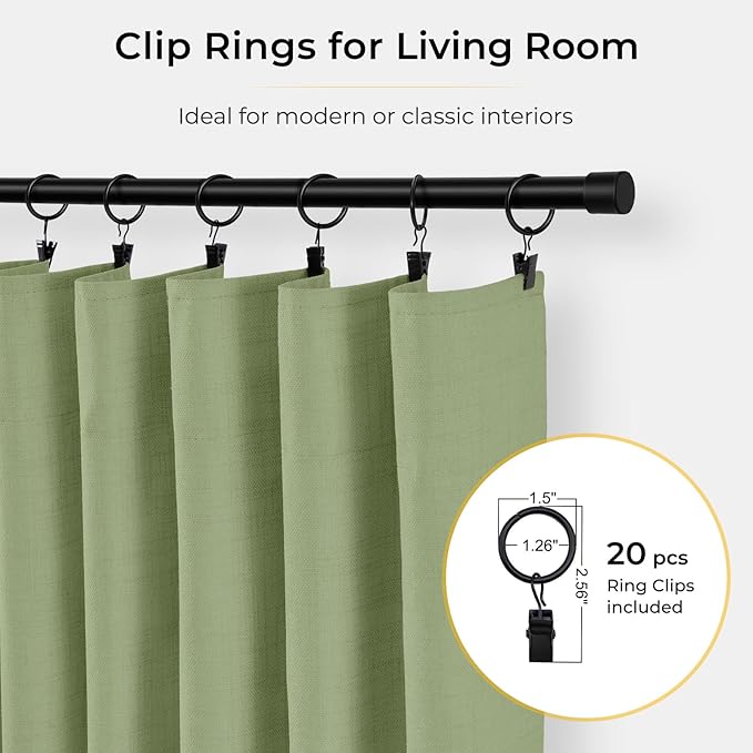 INOVADAY 100% Blackout Curtains for Bedroom, Black Out Curtains 90 Inch Long, Clip Rings Linen Blackout Drapes, Thermal Insulated Room Darkening for Living Room, 2 Panels - Sagegreen,W50xL90