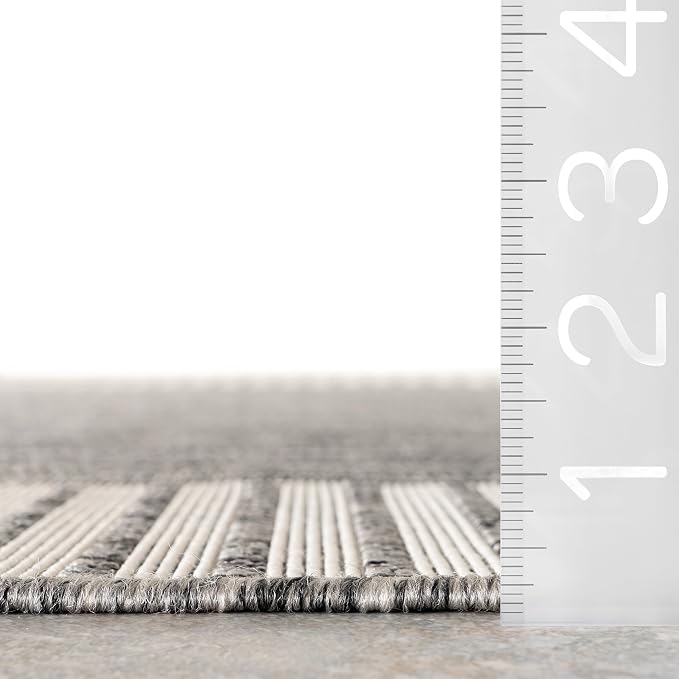 Nuloom Asha Grey/Ivory, 8' x 10', Casual, Striped Border, Soft and Cozy, High Traffic, Easy Clean, Durable Area Rug for Indoor/Outdoor Patio, Deck, Porch, Garden, Courtyard