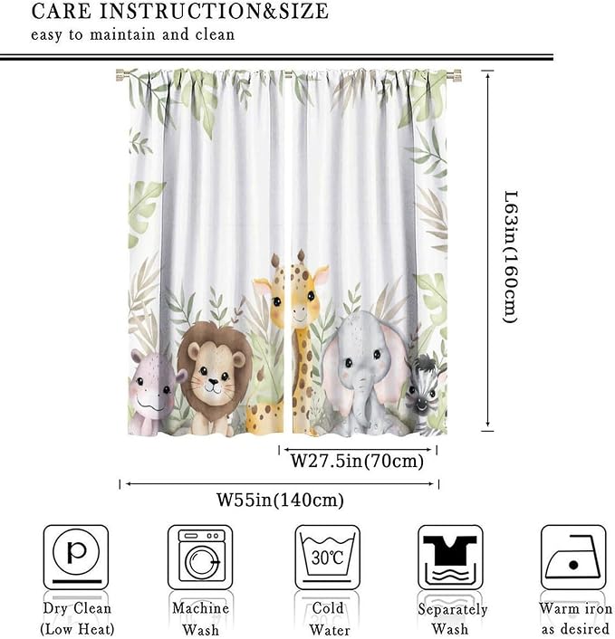 Nursery Curtains Jungle Safari Theme with Giraffe Print, Kids Room Classroom Decor, 55x63 Inches, 75% Blackout Fabric for Baby Nursery, Animal Cub Design, Easy Install & Machine Washable