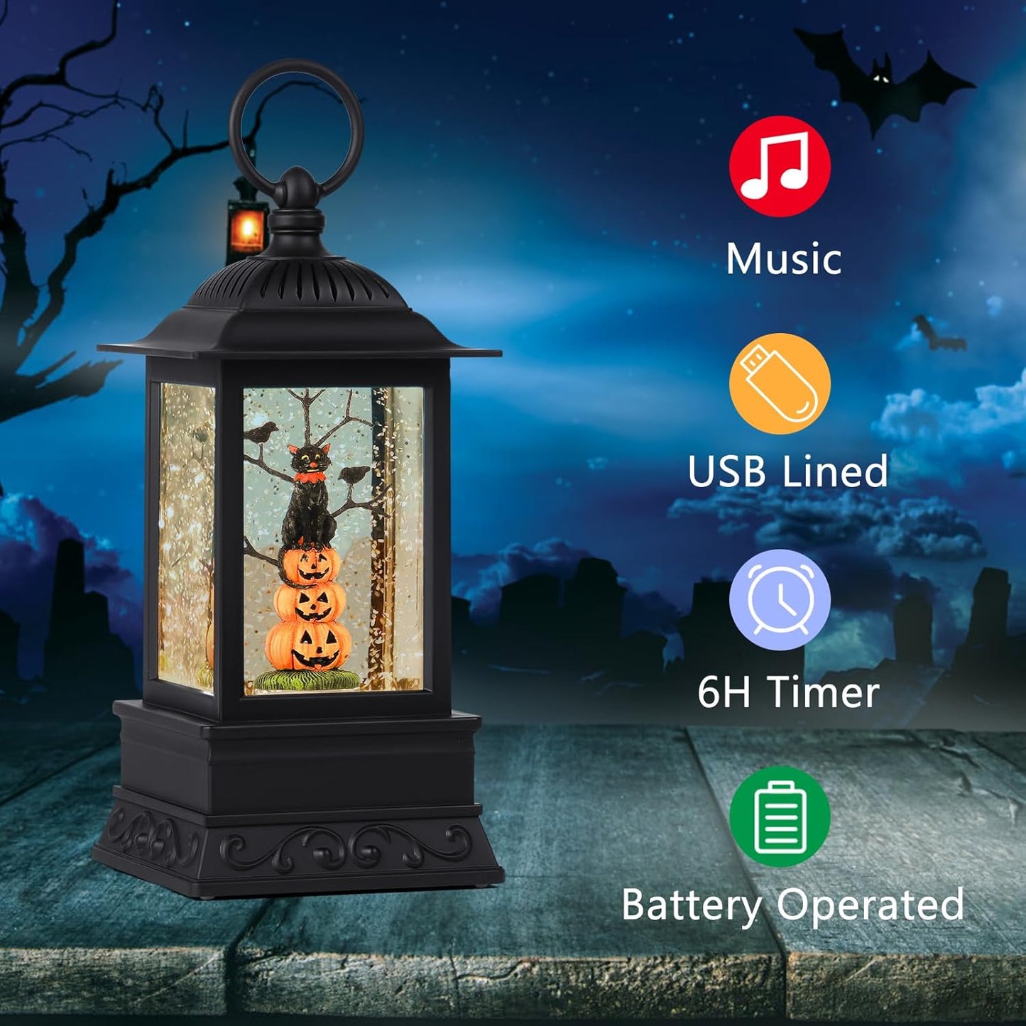 10'' Halloween Snow Globe, Lighted Musical Glitter Globe, Battery Operated or USB Powered Glitter Lantern for Spooky Halloween Festival Party Home Table Decorations (Pumpkin and Black Cat Combo)