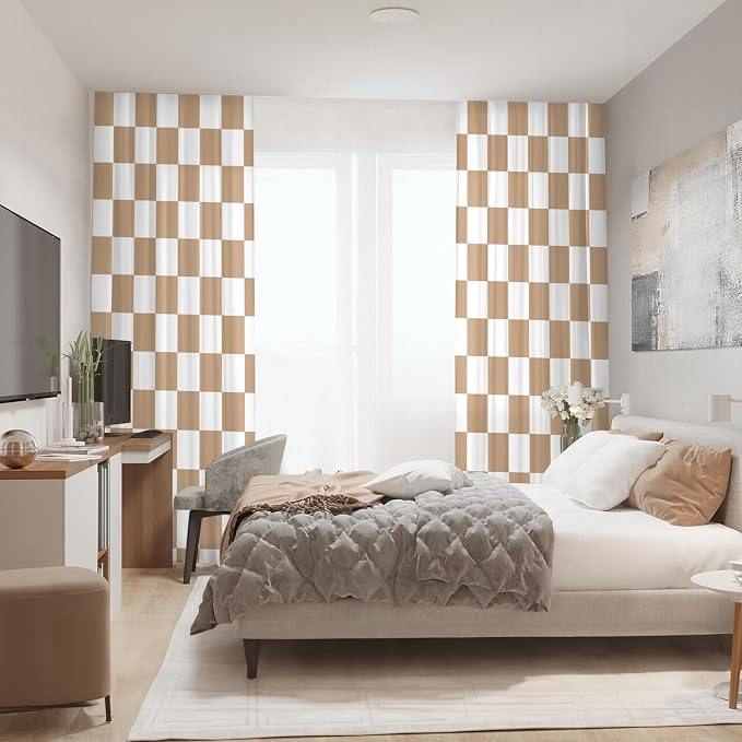 Beige Checkered Curtains for Bedroom,Rod Pocket Brown and White Semi Sheer Curtains Farmhouse Retro Checkerboard Light Filtering Drapes for Living Room,Set of 2 Window Curtain Panels,52 x 84 Inch
