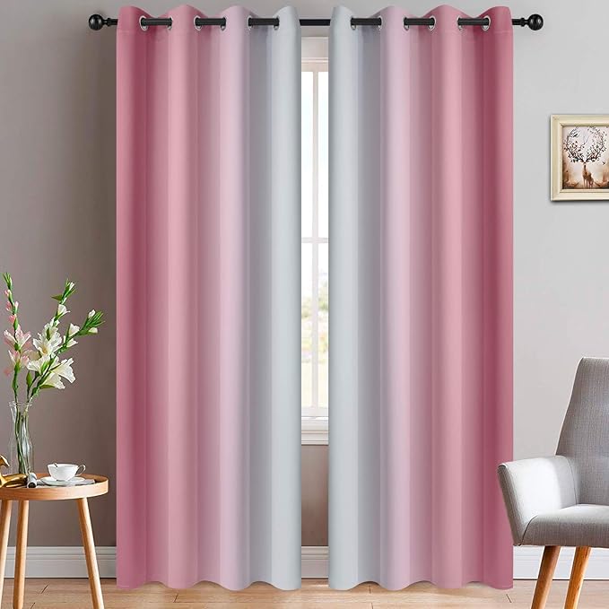 Yakamok Ombre Curtains Pink and Greyish White for Living Room,52Wx84L | Room Darkening Curtains 84,Thermal Insulated Gradient Color Drape,Light Blocking Grommet Window Curtains for Bedroom,2 Panels