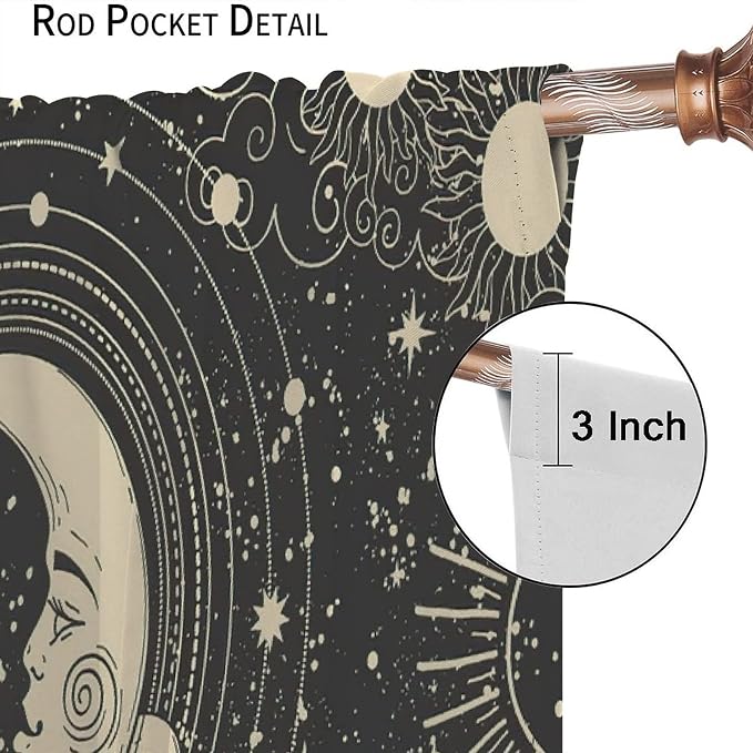 Bohemian Sun Moon Blackout Windows Curtains, Golden Sun Crescent Moon and Stars Vintage Cosmic Galaxy Printed Curtains, for Living Room Bedroom 72x63in 2 Panels
