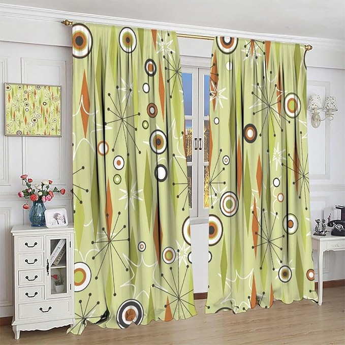 JESTRONRY Mid Century Curtains,Vintage 1950s Modern Retro Atomic Pattern Blackout Rod Pocket Window Drapes for Living Room Bedroom Kitchen Bathroom Home Decor 55x63in