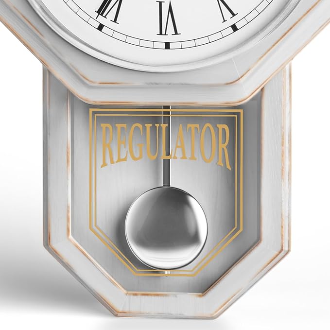 White Pendulum Wall Clock - Real Wood Regulator Clock - Rustic, Farmhouse Schoolhouse Design 18x11 - Quiet, Non-Chiming, Wooden & Battery Operated - Decorative Wall Decor for Living Room, Home, Office