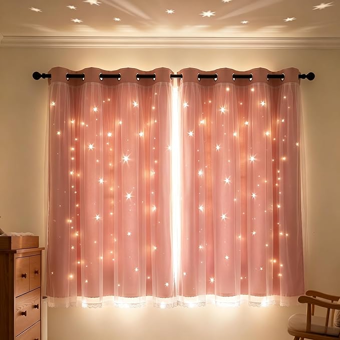Princess Curtains for Girls Bedroom with Sheer Overlay,Double Layer Curtain for Living Room with Star Cutout, Curtains for Kids Room (52 W*45 L Inches,2 Pcs Pink)