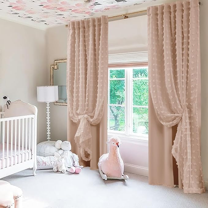 Lino Rosa Dusty Pink Curtains for Girls Bedroom Nursery,Pom Pom Blackout Double Layered Curtains 63 Inch Length