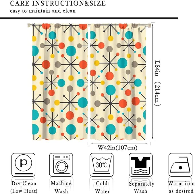 JESTRONRY Mid Century Curtains,Mid Century Fifties Modern Retro Colors Pattern Blackout Rod Pocket Window Drapes for Living Room Bedroom Kitchen Bathroom Home Decor 84x84in