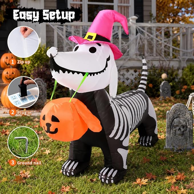 GOOSH 5.5 FT Halloween Inflatables Outdoor Decorations Skeleton Puppy Inflatable Yard Decoration with Build-in LEDs Blow Up Pumpkin for Halloween Party Indoor Outdoor Yard Garden