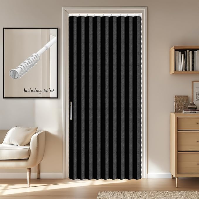 AJAZZ Blackout Accordion Door Invisible Accordion Doors Interior Magnetic Door Curtain for Bedroom Living Room Doorway Curtain Sets Included Rod (1 Pack, 43W x 78 L, Black)