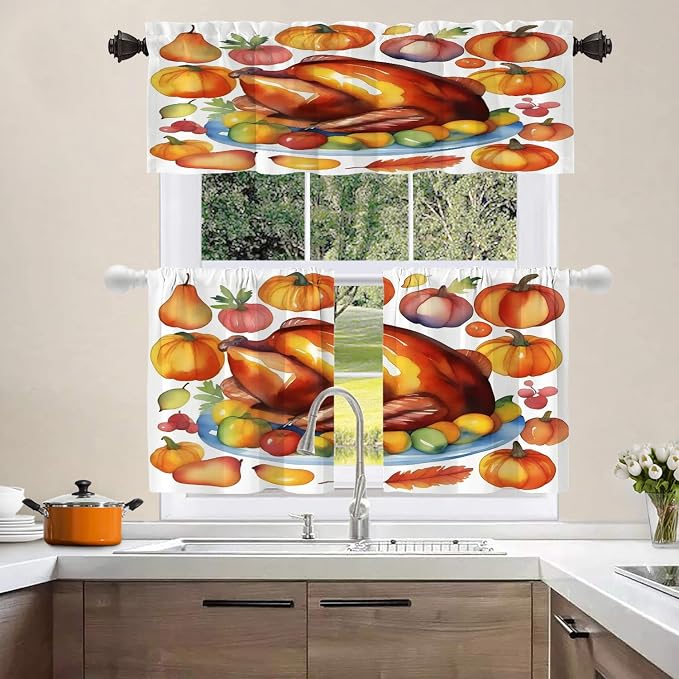 Shrahala Turkey Pumpkin Thanksgiving Blackout Short Curtains for Windows, Watercolor Fruits Delicious Food Pears Kitchen Valance Thermal Insulated Rod Pocket Window Treatment 2 Pack 52 X 18 in