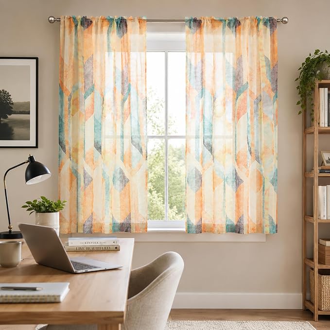 Leeva Orange Sheer Curtains 63 Inches Long, Light Filtering Rod Pocket Colorful Geometric Voile Sheer Set, Modern Elegant Curtains & Drapes for Bedroom Balcony, 2 Panels, 52 x 63
