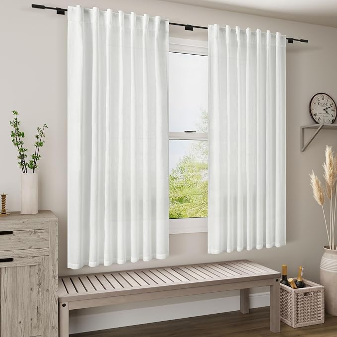 Nanspring White Linen Curtains 80 Inch Length for Living Room Doorway Back Tab and Rod Pocket Light Filtering Curtains Modern Farmhouse for Bedroom Office 34 x 80 Inch, 2 Panels