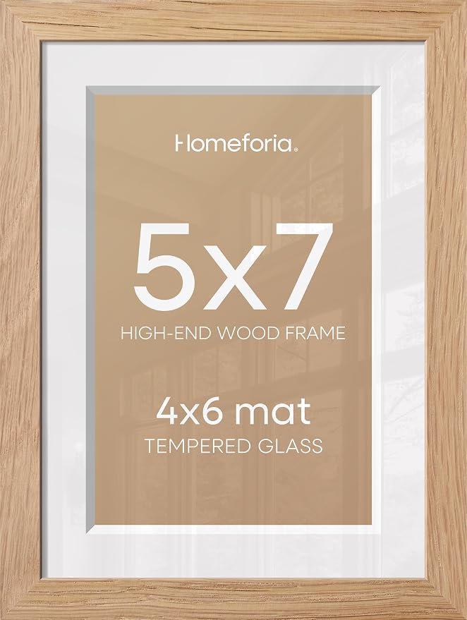 Homeforia 5x7 Picture Frame Wood, High End Natural Oak 5x7 Light Wooden Frames with Mat 4x6 for Photo, 5 x 7 Frame Matted to 4 x 6 Print, 7x5 Wall or Tabletop Frame, Tempered Glass, Wall Kit, Set of 4