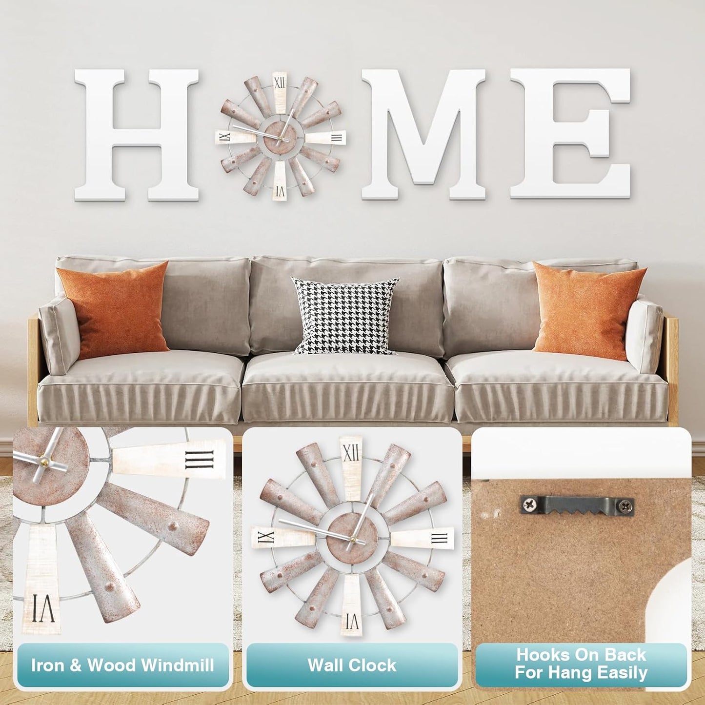 ZAZIWZ Farmhouse Home Signs with Windmill Clock Wall Decor Rustic Home Letters Wall Art for Living Room Kitchen Entryway Dining Room Bedroom (white)