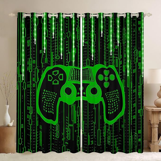 Feelyou Kids Boys Green Gaming Window Curtains Gamer Darkening Drapes Light 3D Gamer Blackout Curtains for Modern Game Window Treatments Game Room (2 Panels, 42 x 63 Inch)