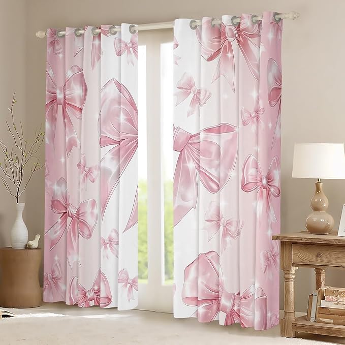 Erosebridal Bowknot Kids Curtain 42" Wx63 L,Pink Kawaii Bow Window Curtain for Girls Princess Room Decor,Cute Bow Print Window Treatments Girly Bow 30%-50% Blackout Curtains for Bedroom