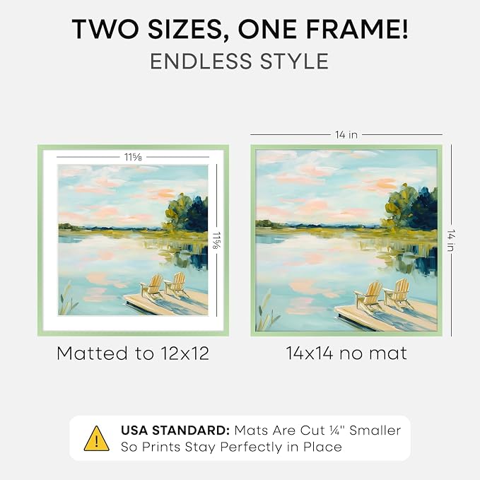Homeforia 14x14 Picture Frame Sage Green, High End Metal 14 x 14 Square Poster Frames with Mat 12 x 12 Photo, 14x14 Frame Matted to 12x12 Art, 14by14 Hanging Frames, Tempered Glass, Wall Kit, Set of 1