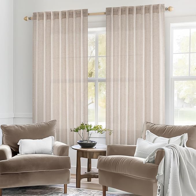 MIULEE Natural White Short Linen Curtains 45 Inch Length 2 Panels for Kitchen Bedroom Bathroom, Soft Thick Linen Textured Basement Window Drapes Semi Sheer Light Filtering Back Tab Rod Pocket