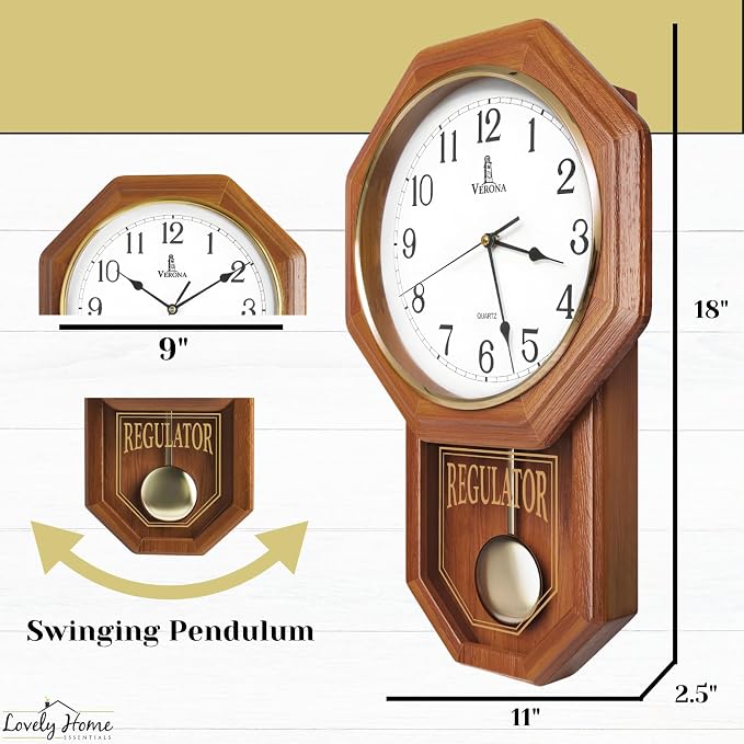 Pendulum Wall Clock Battery Operated - 18x11 Real Wood Regulator Clock - Schoolhouse Design with Pendulum - Quiet, Non-Chiming - Wooden Wall Decor for Living Room Decor, Home, Office and Gift