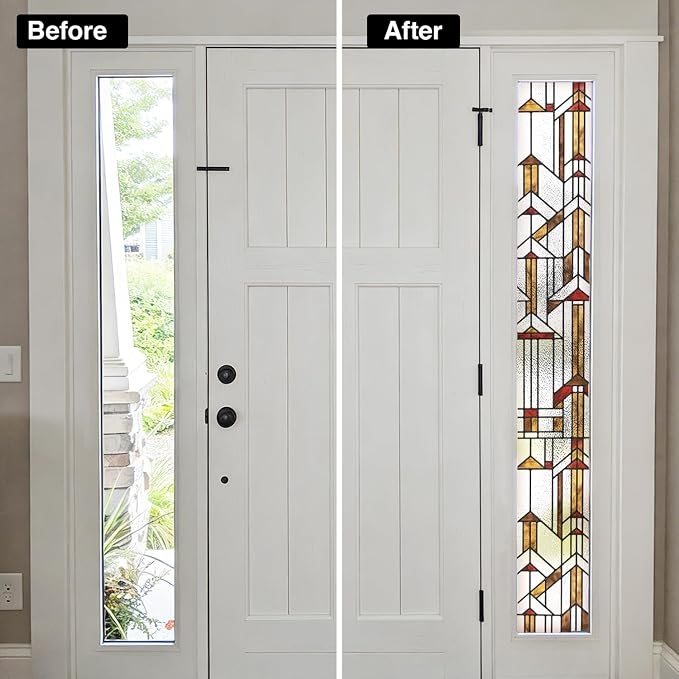 Faux Stained Glass Effect Window Privacy Film, Original Hand Drawn Static Cling for Sidelight Door Glass Decor Inspired by Frank Lloyd Wright, 11.02" x55.12" Hollyhock House, Boho