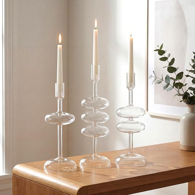 LemonRoad Glass Taper Candle Holders Set of 3, Bubble Candlestick Holders for Table Centerpiece, Elegant Wavy Stacked Geometric Candleholders for Wedding, Dinner, Party, Home Decor(Clear)