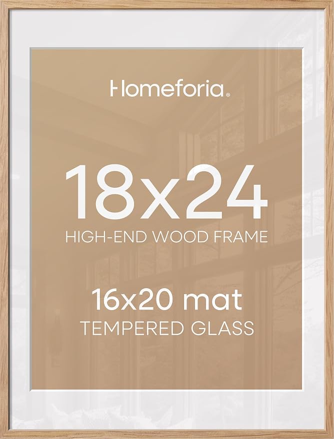 Homeforia 18x24 Poster Frame Wood, High End Natural Oak 18x24 Light Wooden Picture Frame with Mat 16x20, 18 by 24 Frames Matted to 16 x 20 Photo, 24by18 Thin Frames, Tempered Glass, Wall Kit, Set of 1