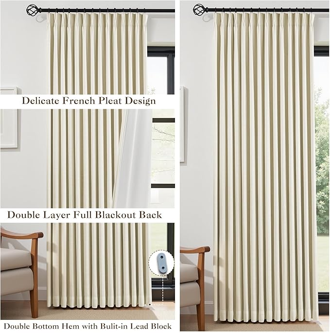 Cream Beige Pinch Pleated Full Blackout Linen Curtains for Bedroom, Black Out Curtains 95 Inches 1 Panel for Living Room Darkening Thermal Insulated Neutral Pleat Drapes with 12 Hooks, 70''Wx95''L