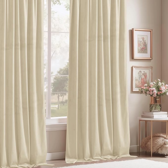 StangH Beige Velvet Curtains 94 inches Long Super Soft Luxury Home Decor Thermal Insulated Light Dimming Drapes for Living Room Sliding Door/Bedroom, W52 x L94, 2 Panels