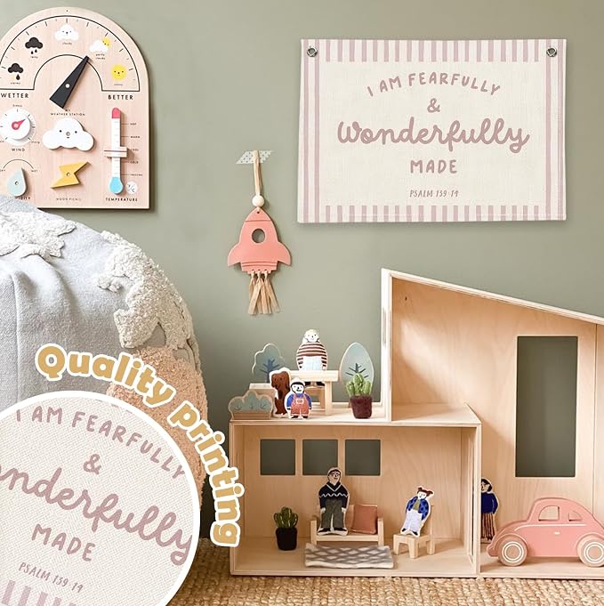 RTXLEZM Girls Room Decor,I Am Fearfully and Wonderfully Made Banner | Pink Christian Nursery Decor,Christian Canvas Banner Wall Hanging,Religious for Kids Room Classroom Bedroom Playroom, 20x30