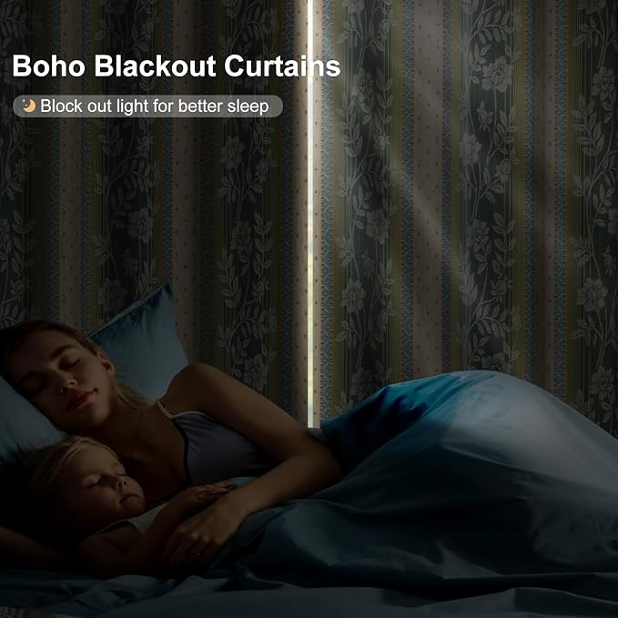 Boho Floral Blackout Curtains with Rope Tassels Curtain Tiebacks, Blackout Curtains for Living Room and Bedroom 84 Inch Long 2 Panels Set, Thermal Insulated Room Darkening Farmhouse Drapes, 52Wx84L