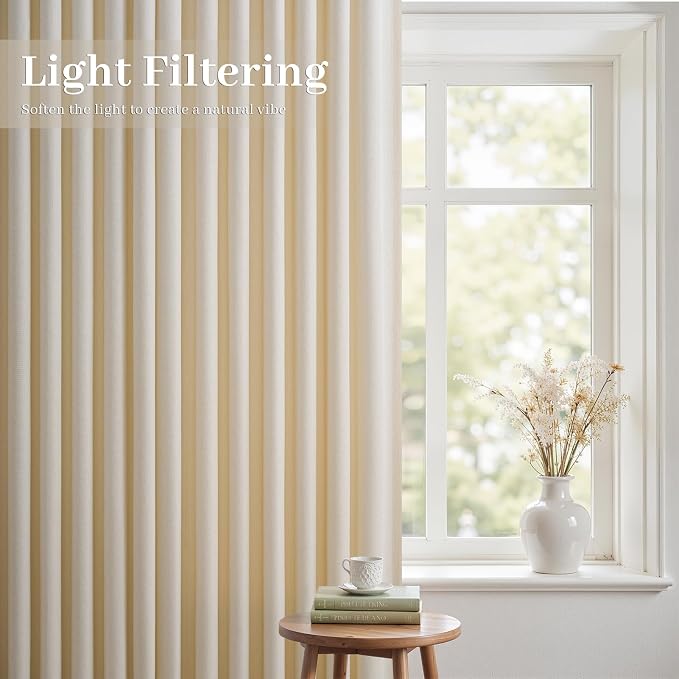 Beige Pinch Pleated Linen Curtains 84 Inch Length 2 Panels for Bedroom Living Room Textured Semi Sheer Window Curtain Boho Neutral Back Tab Pinch Pleat Drape with Hooks 84 Inches Long，Birch