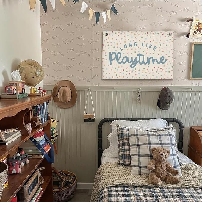 Playroom Decor, Kids Wall Art Hanging Linen Banner, Blue Striped Wall Flag for Playing Room Nursery Playroom Decor, 20x30 Inch